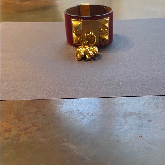 Hermes Gold Studded Red Leather Cuff